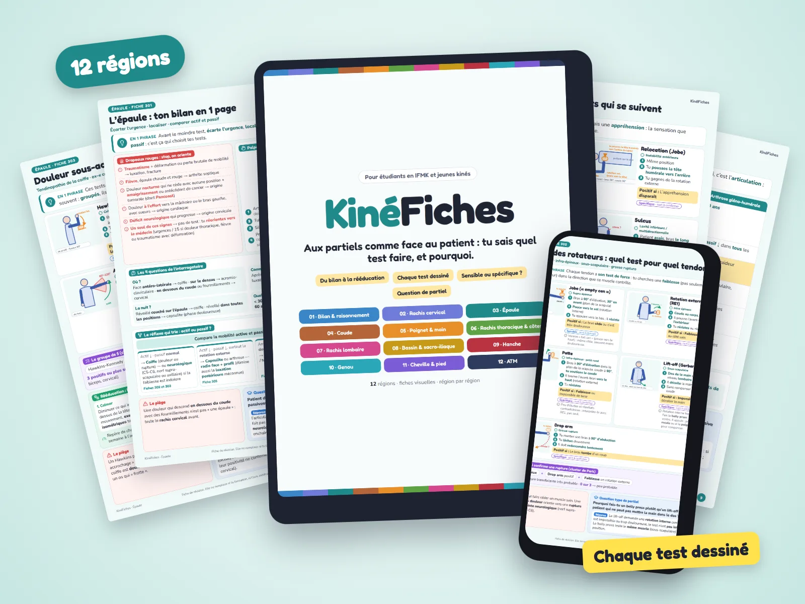 KinéFiches : la couverture sur une tablette, une fiche sur un téléphone et plusieurs fiches de l’épaule